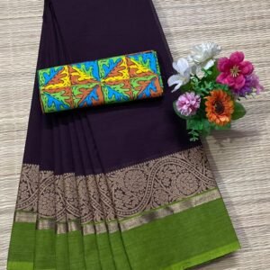 Handloom Kanchi Cotton Saree - Deep Plum with Green Border
