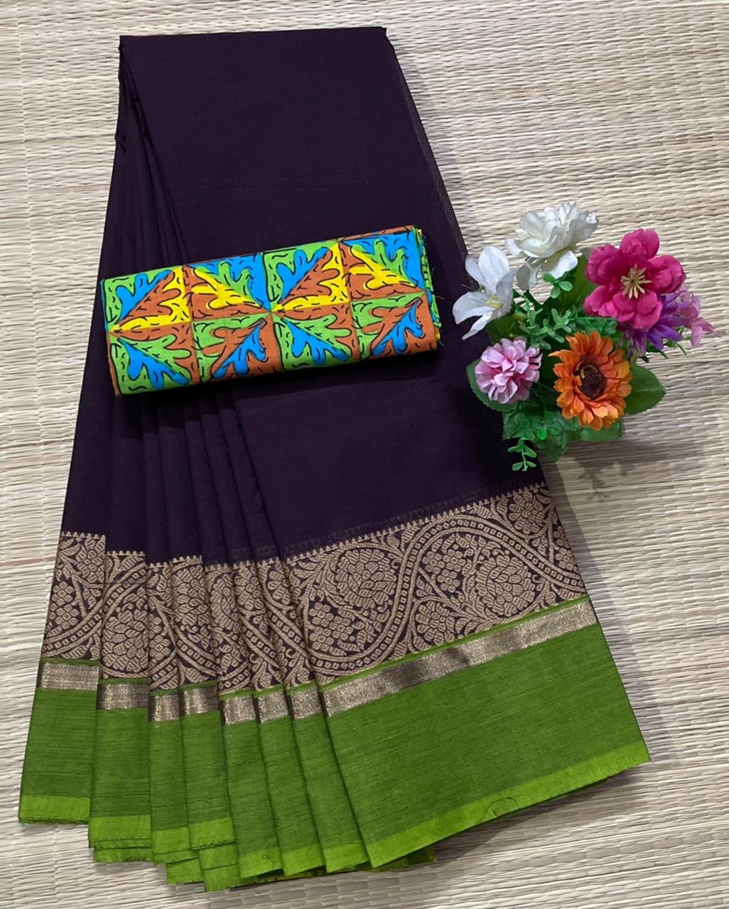 Handloom Kanchi Cotton Saree - Deep Plum with Green Border