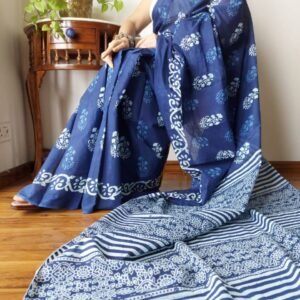 Mul Mul Cotton Saree - Navy Blue with White Prints
