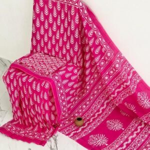 Mul Mul Cotton Saree - Hot Pink & White