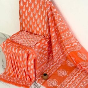 Mul Mul Cotton Saree - Orange with White Print