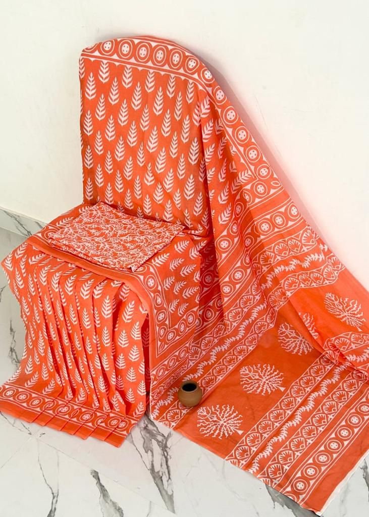 Mul Mul Cotton Saree - Orange with White Print