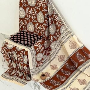 Mul Mul Cotton Saree - Brown and Beige with Black Blouse