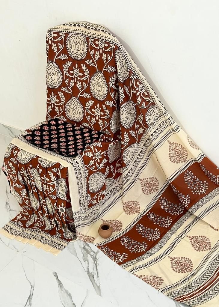 Mul Mul Cotton Saree - Brown and Beige with Black Blouse
