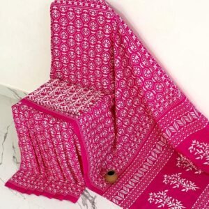 Mul Mul Cotton Saree - Hot Pink with White Print