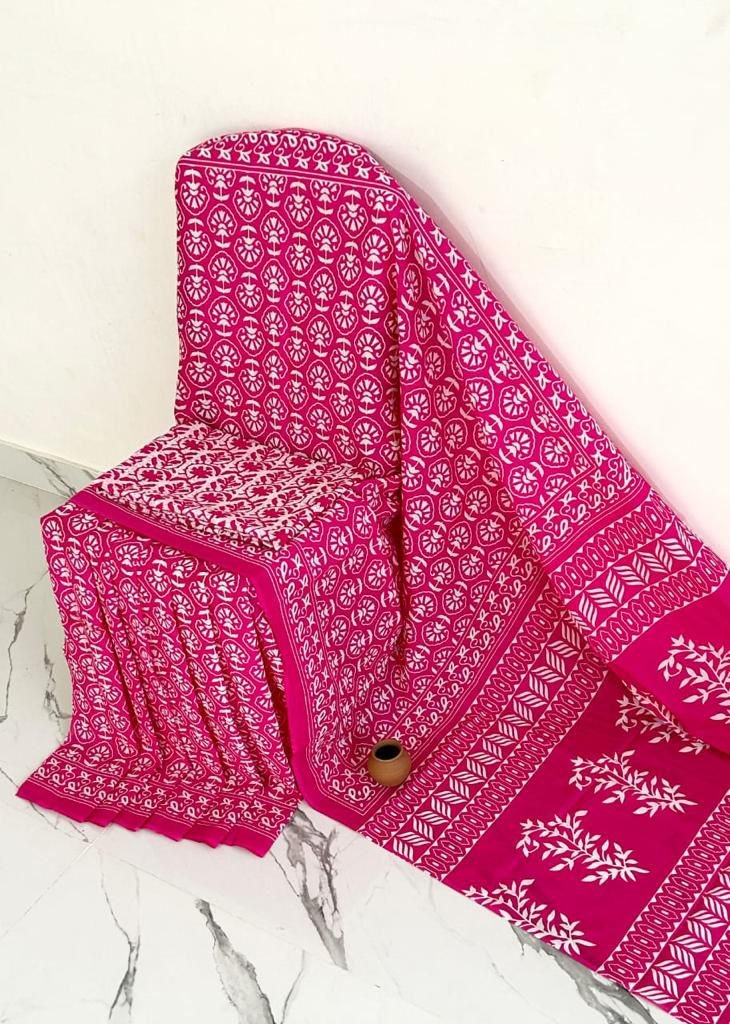 Mul Mul Cotton Saree - Hot Pink with White Print