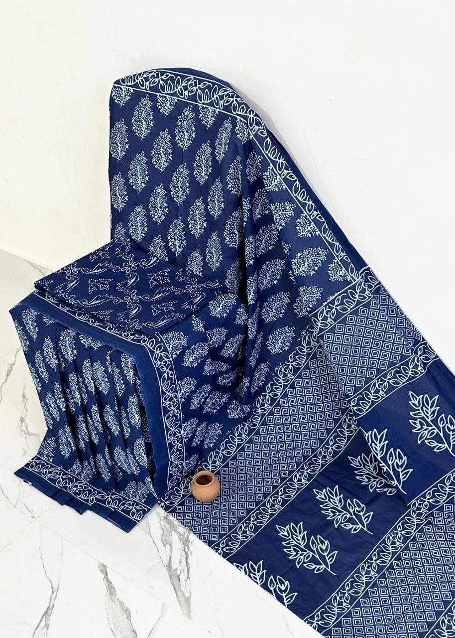 Mul Mul Cotton Saree - Indigo Blue with White Print