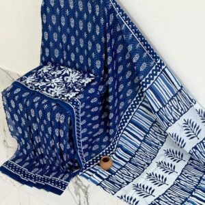 Mul Mul Cotton Saree - Dual-Tone Blue with White Print