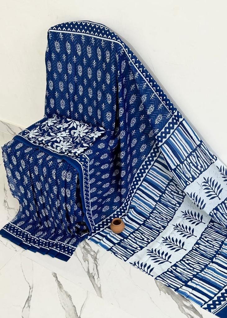 Mul Mul Cotton Saree - Dual-Tone Blue with White Print