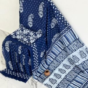 Mul Mul Cotton Saree - Blue with White Prints