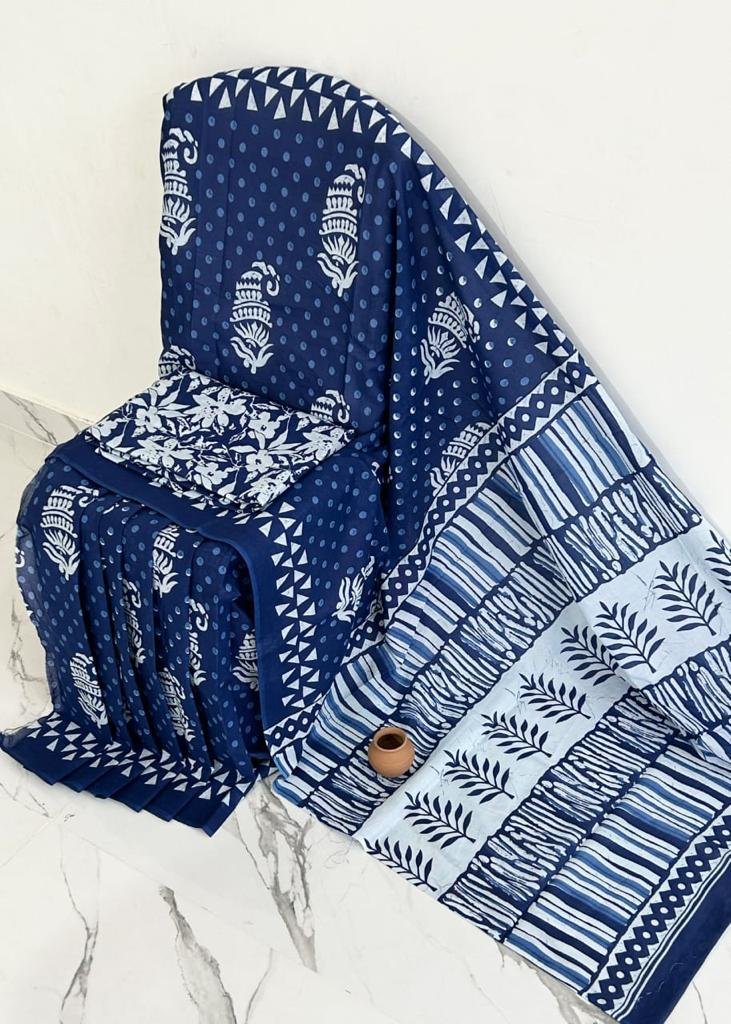 Mul Mul Cotton Saree - Blue with White Prints