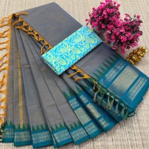 Kanchi Cotton Plain Saree - Steel Grey