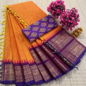 Kanchi Cotton Plain Saree - Orange