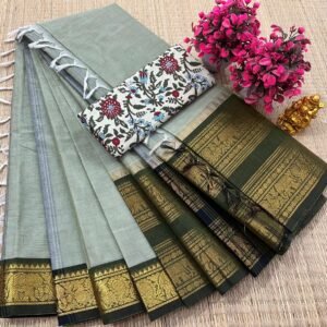 Kanchi Cotton Plain Saree - Sage Green