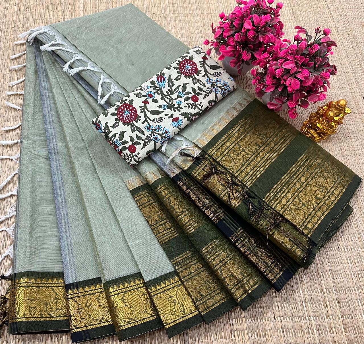 Kanchi Cotton Plain Saree - Sage Green