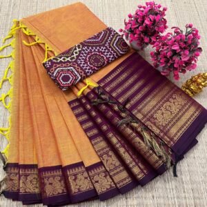Kanchi Cotton Plain Saree - Rust Orange