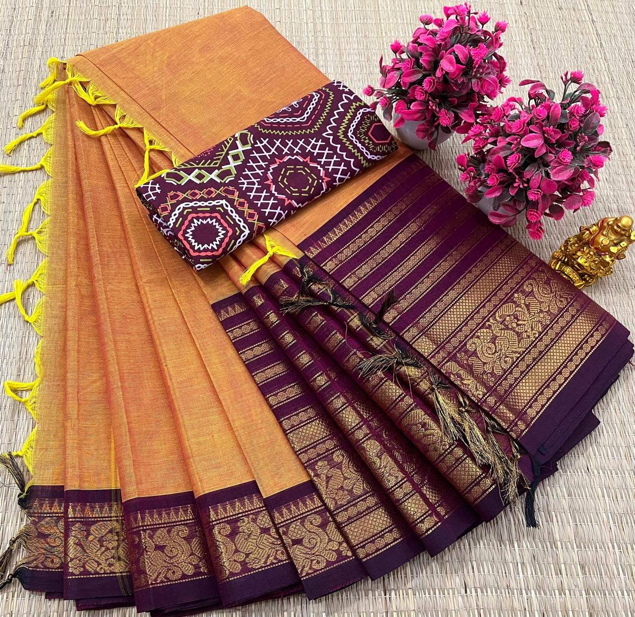 Kanchi Cotton Plain Saree - Rust Orange