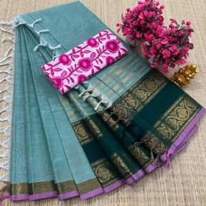Kanchi Cotton Plain Saree - Teal Green