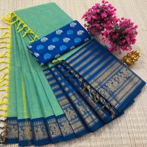 Kanchi Cotton Plain Saree - Parrot Green & Royal Blue