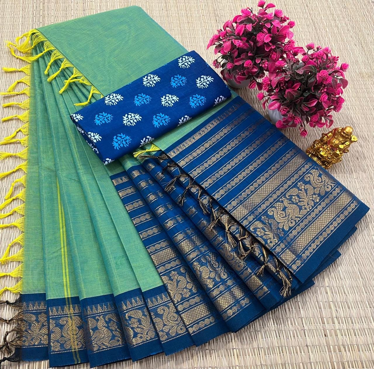 Kanchi Cotton Plain Saree - Parrot Green & Royal Blue