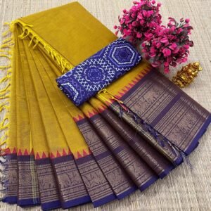 Kanchi Cotton Plain Saree - Mustard Yellow & Deep Violet