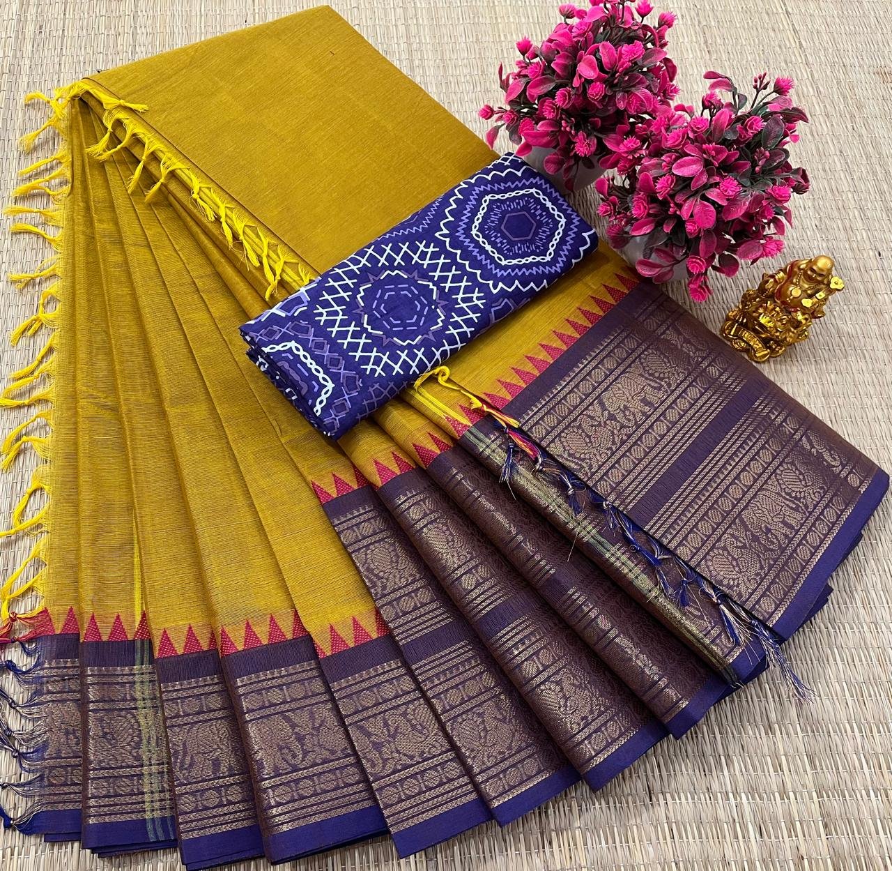 Kanchi Cotton Plain Saree - Mustard Yellow & Deep Violet