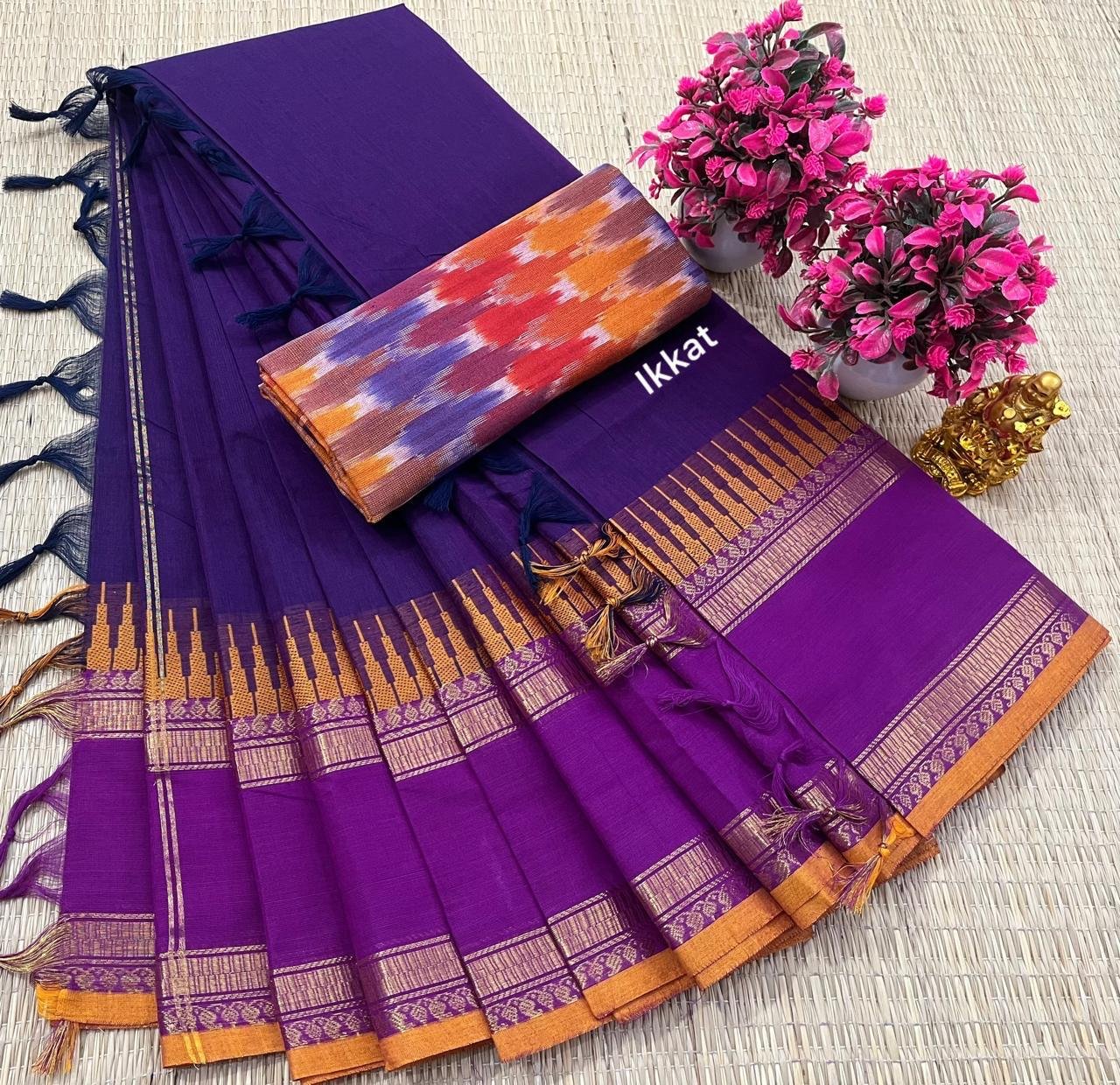 Kanchi Cotton Plain Saree - Purple