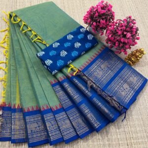 Kanchi Cotton Plain Saree - Light Green