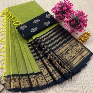Kanchi Cotton Plain Saree - Olive Green