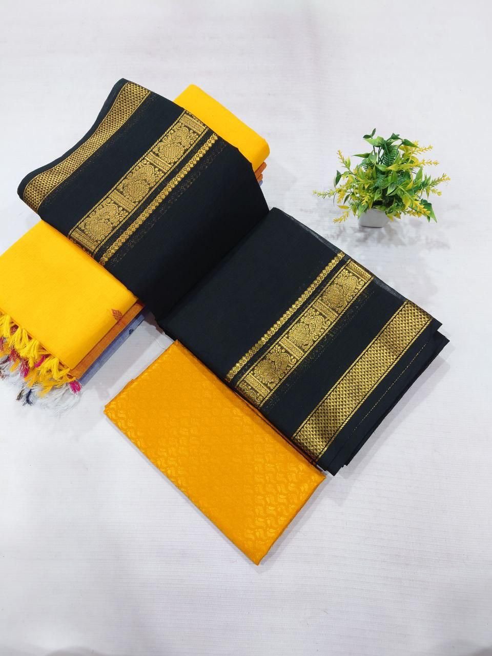 Chettinad Cotton Saree - Jet Black & Gold