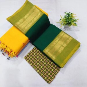 Chettinad Cotton Saree - Forest Green & Mustard Yellow