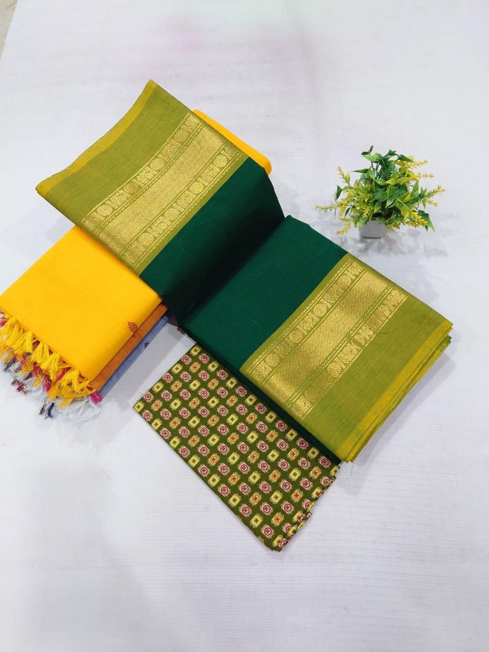 Chettinad Cotton Saree - Forest Green & Mustard Yellow