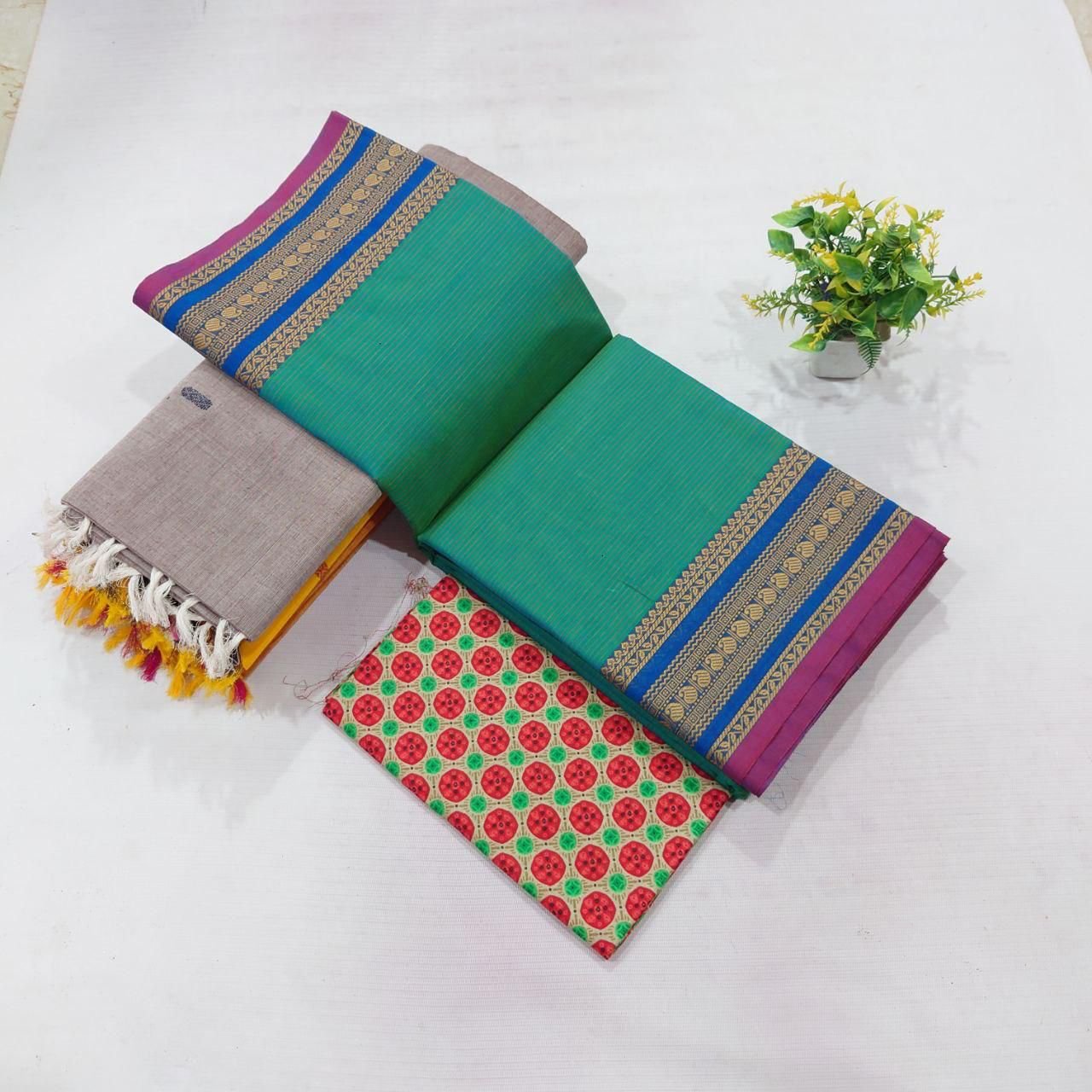 Chettinad Cotton Saree - Sea Green & Violet