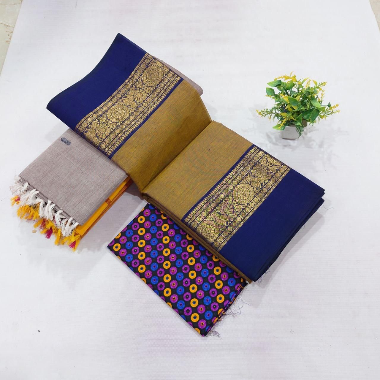 Chettinad Cotton Saree - Olive Green & Navy Blue
