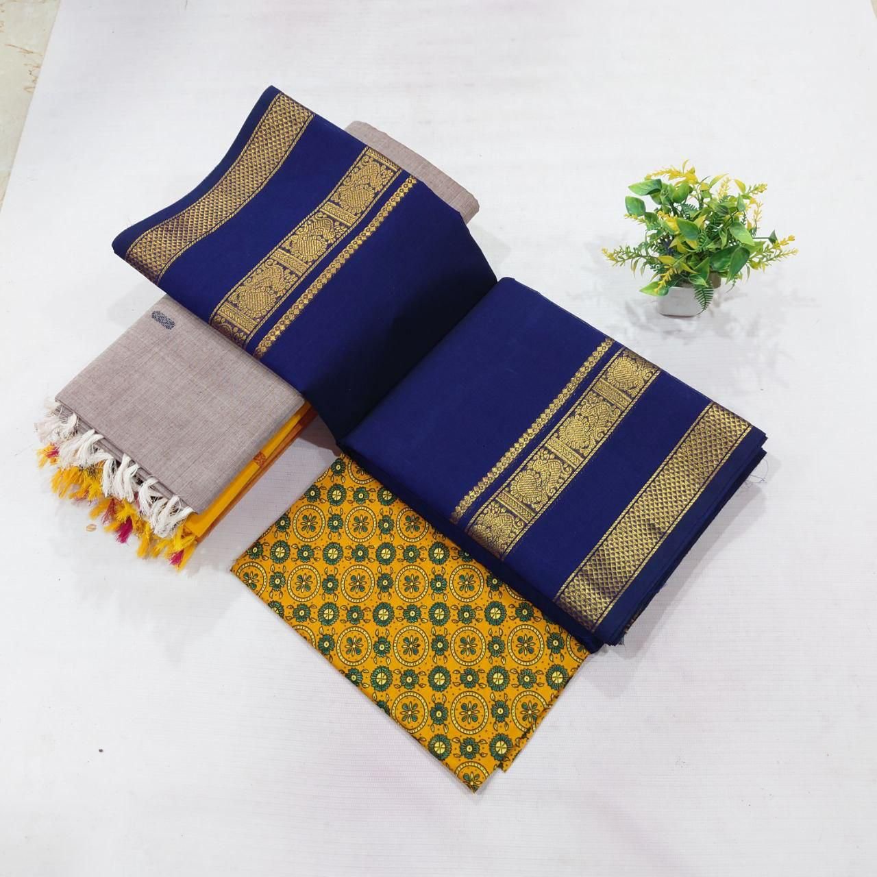 Chettinad Cotton Saree – Royal Blue with Antique Gold Zari & Mustard Print Blouse