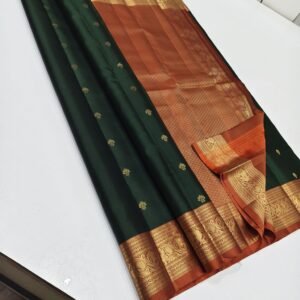 Pure Kanchipuram Silk Saree – Bottle Green & Rust Orange