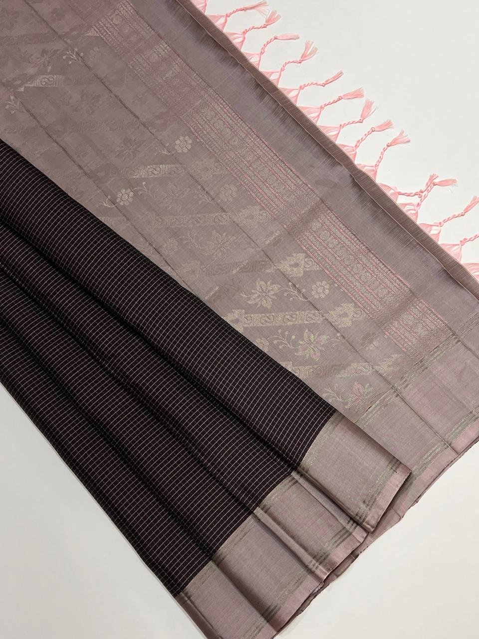 Pure Kanchipuram Silk Saree – Charcoal & Pink