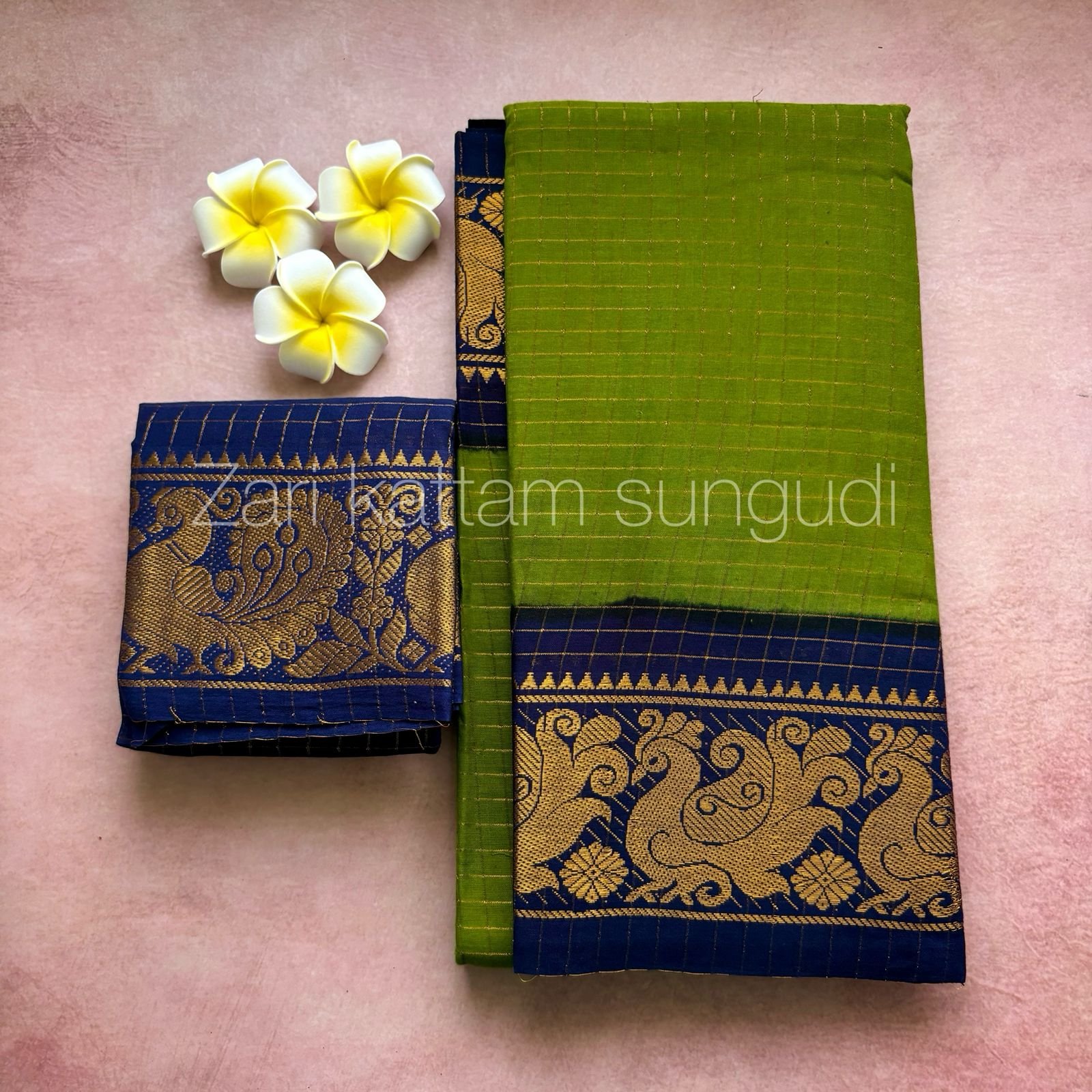 Sungudi Cotton Saree – Green and Navy Blue