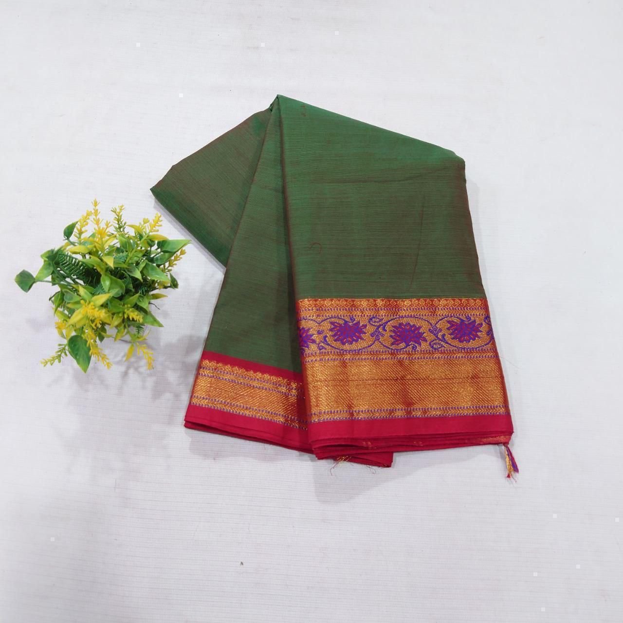 Chettinad Cotton Saree – Olive Green and Maroon