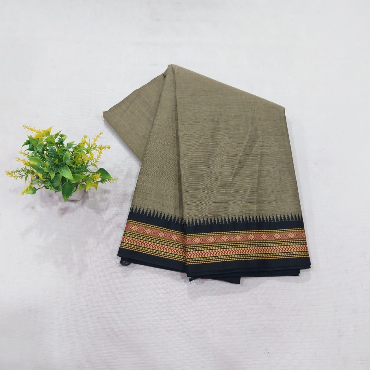 Chettinad Cotton Saree – Khaki and Black